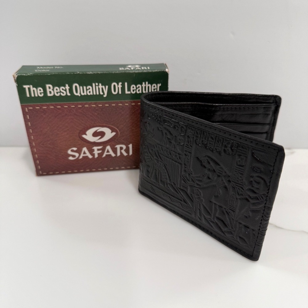 Black Embossed Leather Egyptian Themed Wallet Bi-fold Zip Bill Slot Pharaoh NEW